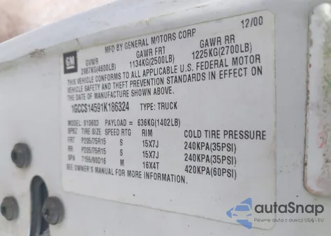 2001 Chevrolet S-10 из США, поврежденный, VIN 1GCCS14591K186324